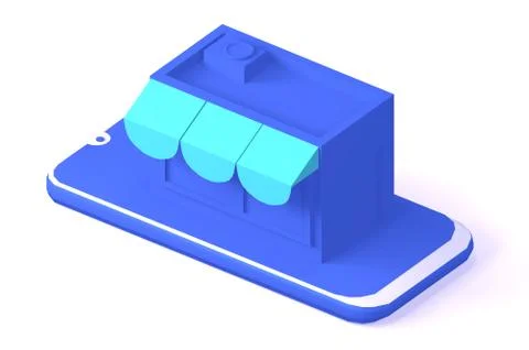3d isometric online mobile store in blue colour. Stock Illustration