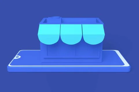 3d isometric online mobile store in blue colour. Stock Illustration