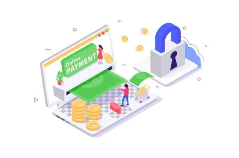 3d isometric online payment with security, young man and woman. Stock Illustration