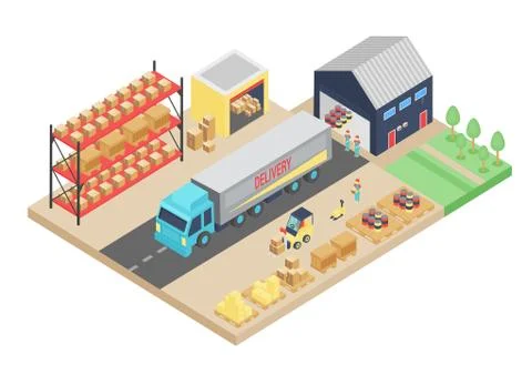 3d isometric process of the warehouse. Cargo storage vector illustration Ilustración de archivo