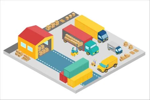 3d isometric process of the warehouse company. Warehouse exterior building Stock Illustration