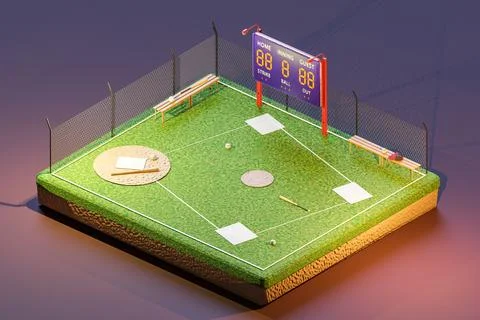 3D isometric render of baseball court with scoreboard Stockillustratie