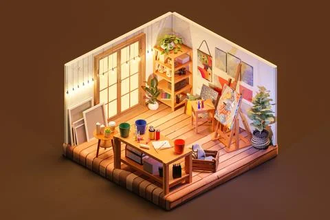 3D isometric render of creative art studio with glowing garland 스톡 일러스트