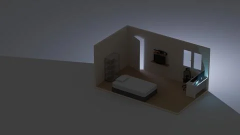 3D Isometric Render of Minimalist Bedroom Interior at Night Stock Illustration