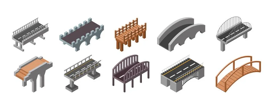 3D isometric road. Bridge construction. River footbridge. Concrete viaduct rail Ilustración de archivo