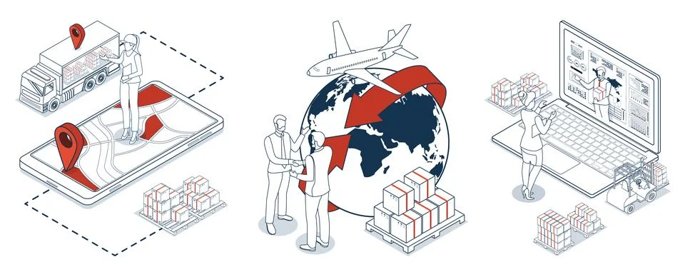 3D isometric scenes depicting multi modal export import operations with Del.. Stock Illustration