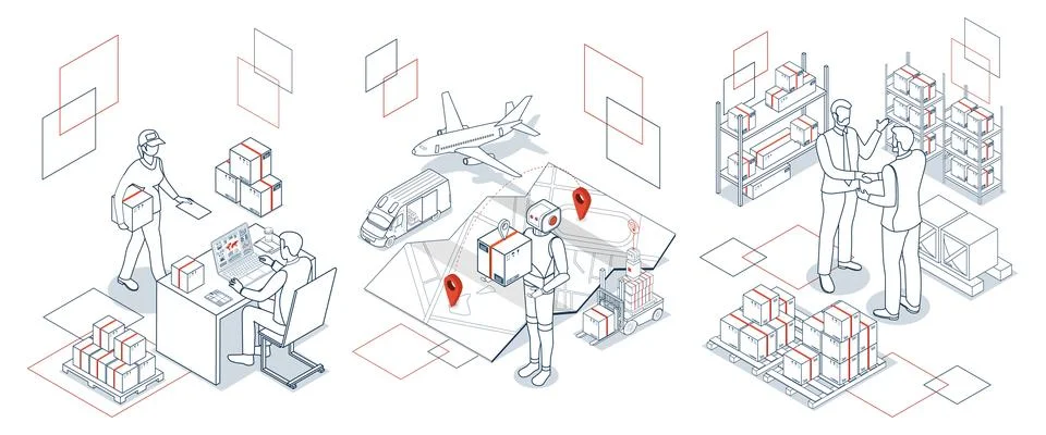 3D isometric scenes depicting multi modal export import operations with Del.. Stock Illustration