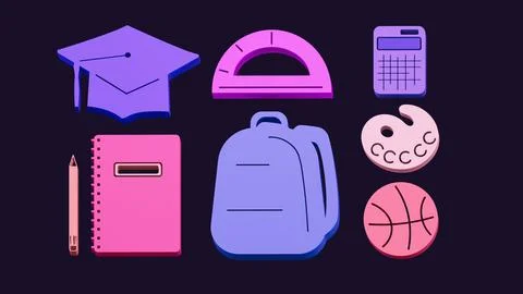 3D Isometric School Supplies and Education Icons Set in Purple and Pink 스톡 일러스트