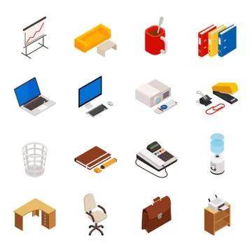 3D isometric set of icons on a theme of office equipment Stock Illustration