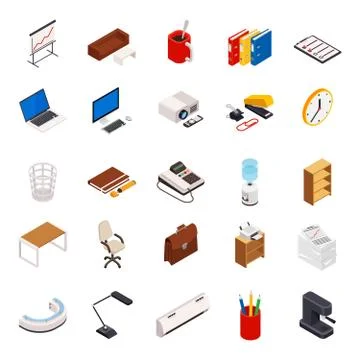 3D isometric set of icons on a theme of office equipment Stock Illustration