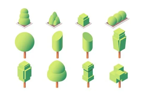 3d isometric set trimmed trees and vegetations. Illustrazione stock