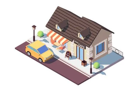 3d isometric small cafe with parked car. Stock Illustration