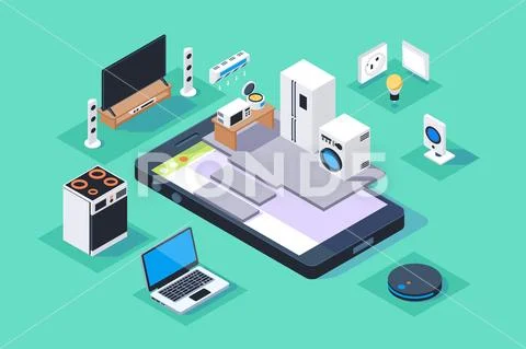 3d isometric smart appliances home on mobile phone. Stock Illustration