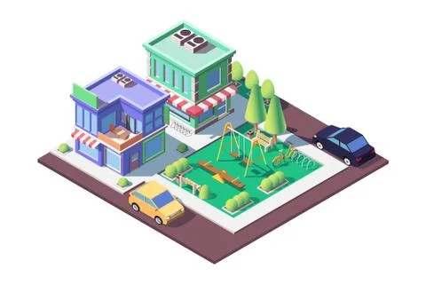 3d isometric square ground playground near shop and parking. Stock Illustration
