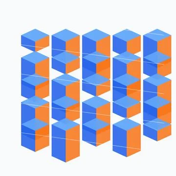 3d isometric stacked cubes with orange and blue color blocks arrangement Stock Illustration