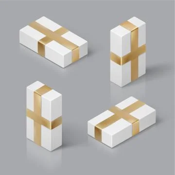 3D isometric template with white gift box and gold ribbon Stock Illustration