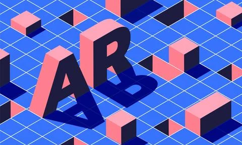 3D isometric text of A R alphabet in orange color with abstract element on .. Stock Illustration