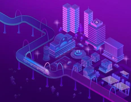3d isometric train on bridge, megapolis Stock-Illustration