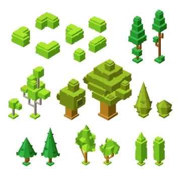 3D isometric trees vector illustration of plastic construction tree and hedges Stock Illustration