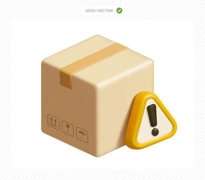 3d isometric vector cardboard box with warning triangle sign for attention .. Illustrazione stock