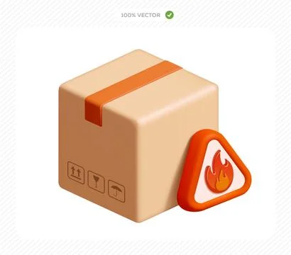 3d isometric vector cardboard box with fire symbol inside a red triangle Illustrazione stock