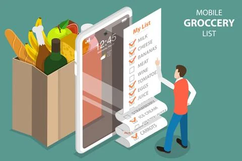 3D Isometric Vector Concept of Mobile Grocery List, Shopping List App. Stock Illustration