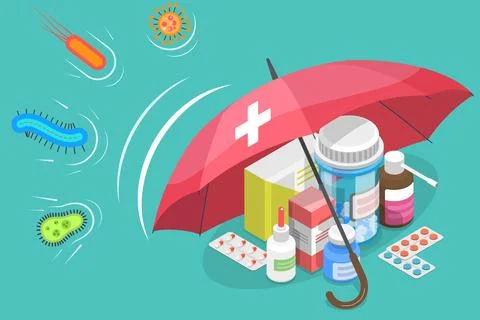 3D Isometric Vector Conceptual Illustration of Antibiotic Protection. Stock Illustration