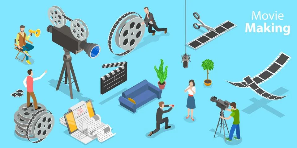 3D Isometric Vector Conceptual Illustration of Movie Making Process. Stock Illustration