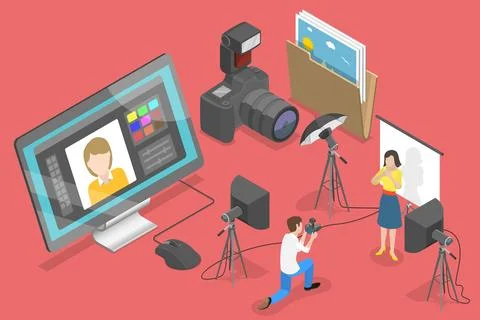 3D Isometric Vector Conceptual Illustration of Photography Studio. Stock Illustration