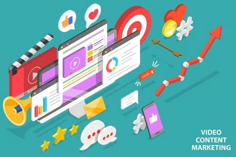 3D Isometric Vector Conceptual Illustration of Video Content Marketing Campaign. Illustrazione stock
