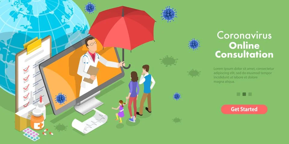 3D Isometric Vector Conceptual Illustration of Coronavirus Online Consultation. Stock Illustration