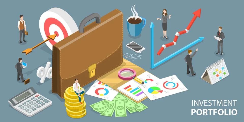 3D Isometric Vector Conceptual Illustration of Building an Investment Portfolio. Ilustración de archivo