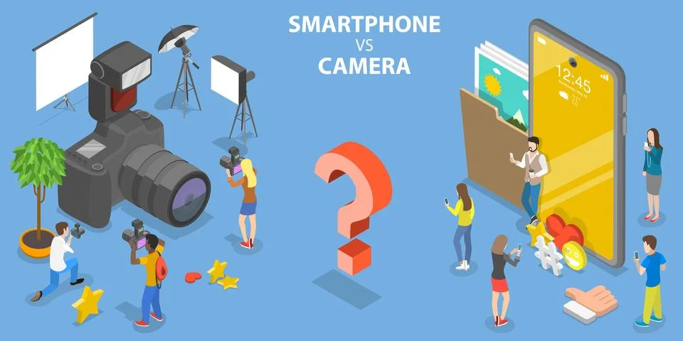 3D Isometric Vector Conceptual Illustration of Smartphone VS Digital Camera. Stock Illustration