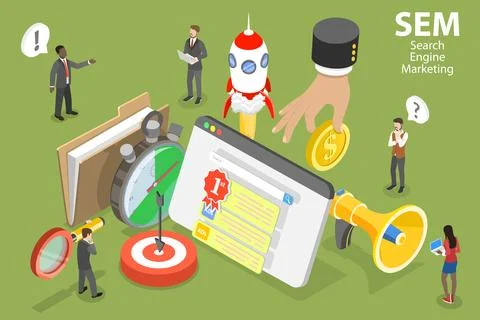 3D Isometric Vector Conceptual Illustration of SEM - Search Engine Marketing. Stock Illustration