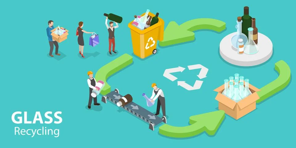 3D Isometric Vector Conceptual Illustration of Glass Recycle Process Infographic Illustrazione stock