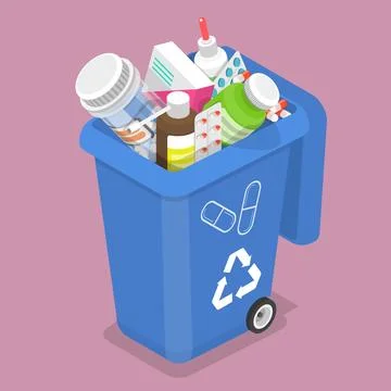 3D Isometric Vector Illustration of Container for Expired and Unused Drugs. Stock Illustration