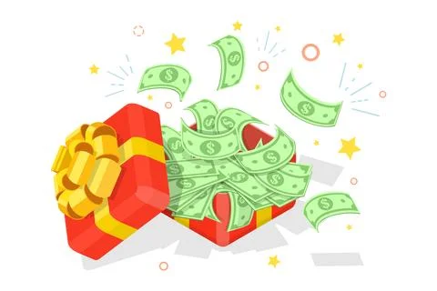 3D Isometric Vector Illustration of Open Gift Box with Money. Stock Illustration