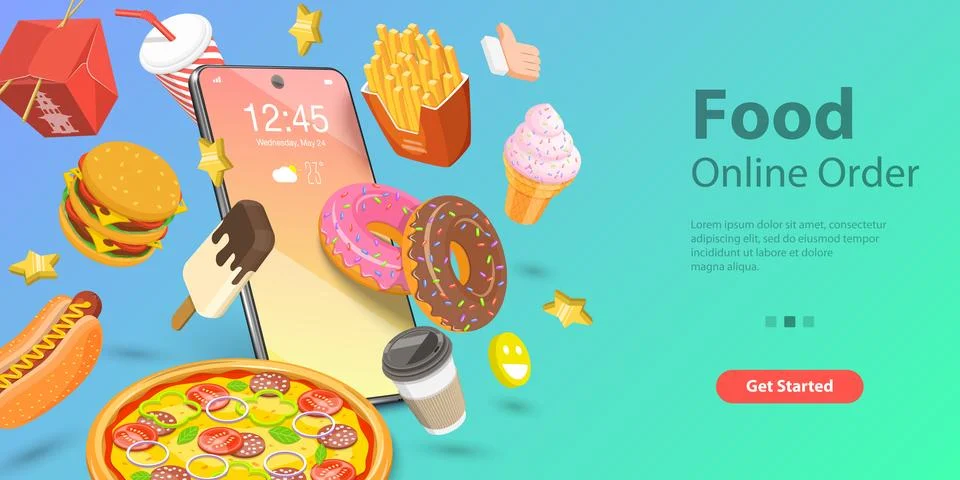 3D Isometric Vector for Restaurant and Cafe Online Food Ordering Web Service. Stock-Illustration