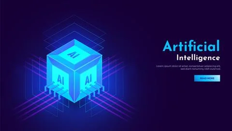 3D isometric view of cubic shape AI processor chip with glowing ultra rays .. Illustrazione stock