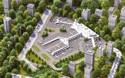 3d isometric visualization of airport green city elements, trees, solar panels Stock Illustration