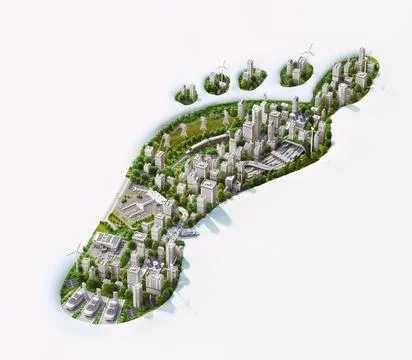 3d isometric visualization of footprint green city elements, trees, solar panels Stock Illustration