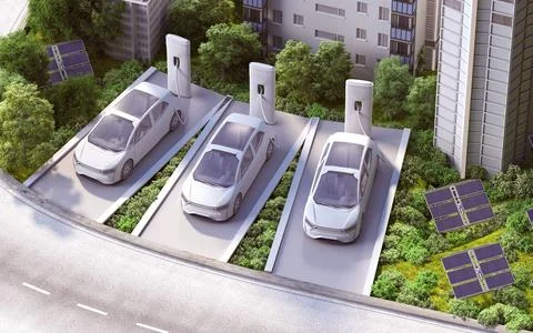 3d isometric visualization of generic electric cars charging green city elements Stock Illustration
