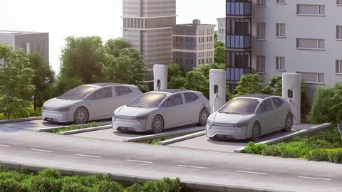 3d isometric visualization of generic electric cars charging green city elements Stock Illustration