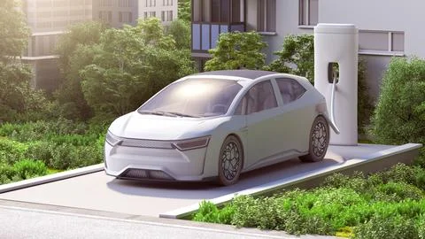 3d isometric visualization of generic electric cars charging green city elements Illustrazione stock