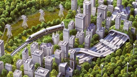 3d isometric visualization of green city elements, solar panels aerial view Stock Illustration