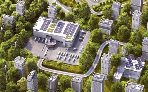 3d isometric visualization of logistic center green city elements aerial view Stock Illustration