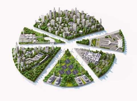 3d isometric visualization of pie chart green city elements, trees, solar panels Stock Illustration