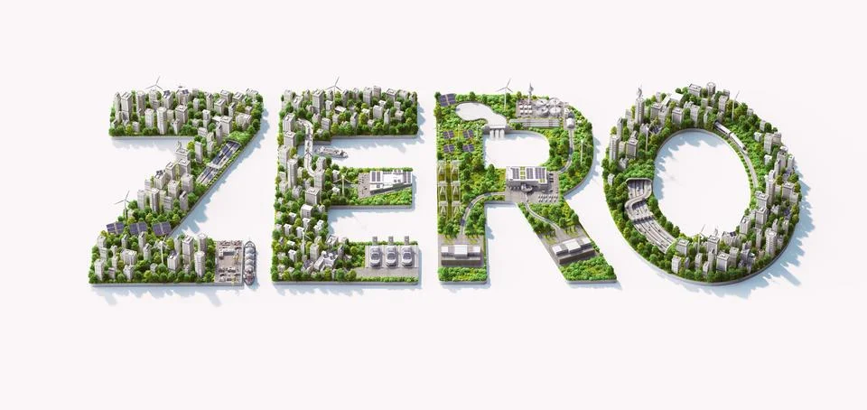 3d isometric visualization of ZERO green city elements, trees, solar panels Illustrazione stock