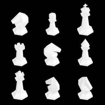 3D isometric white chess figures isolated on black background . Vector illust 库存插图