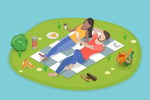 3D Isometrische flache Illustration der romantischen Picknick, glückliches.. Stock Photos